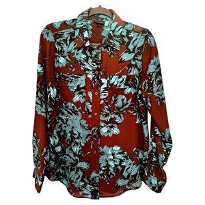 Who What Wear Brown and turquoise floral long sleeved blouse-Medium